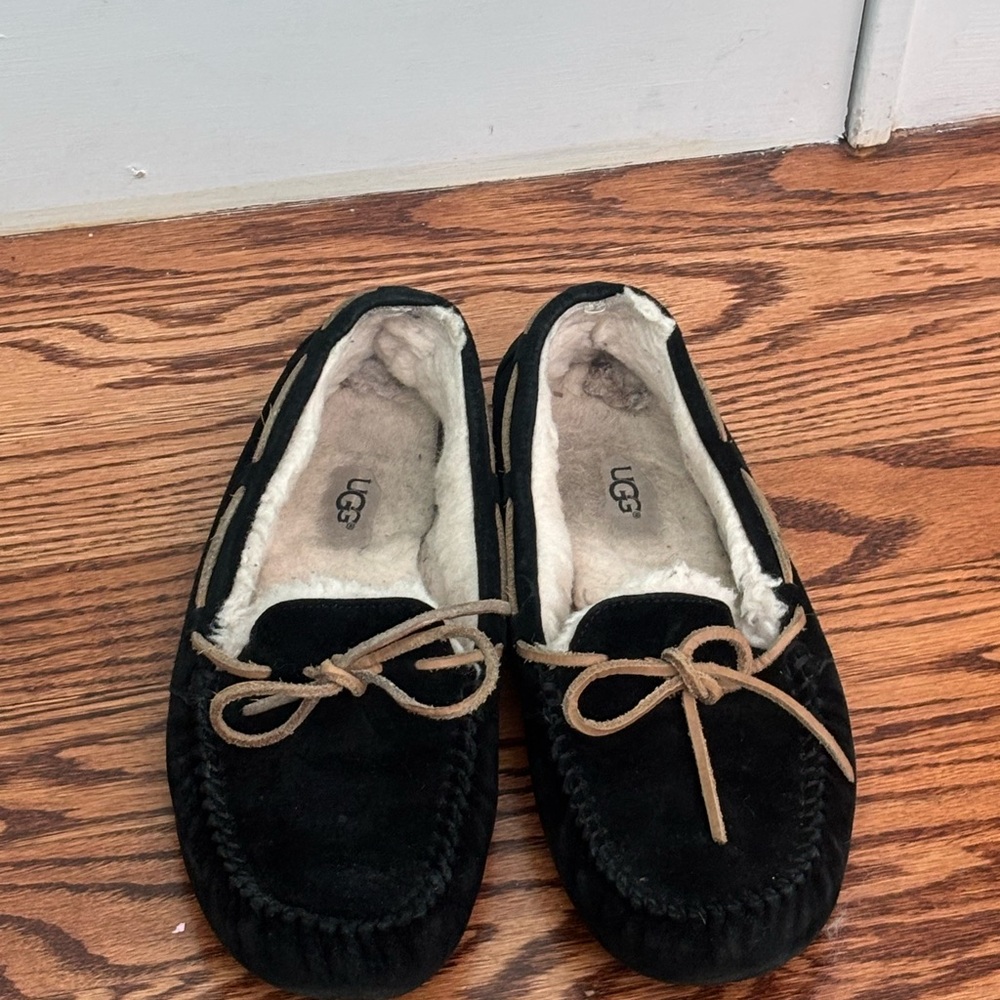 UGG Black Suede Moccasins with Tan Laces